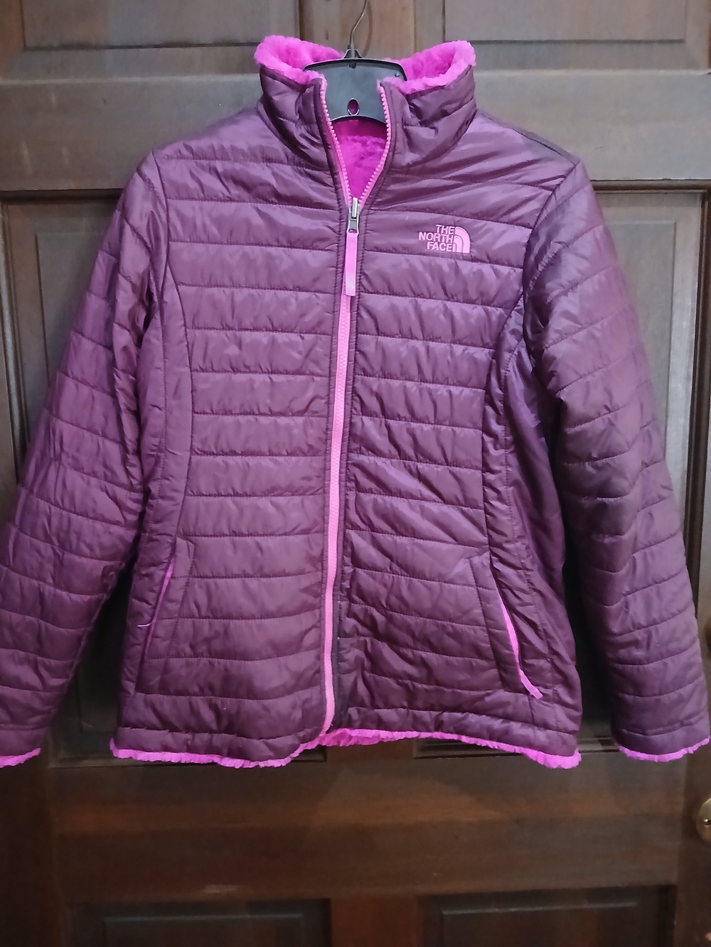 North Face Girls' Mossbud Swirl Plum Puff Jacket with Pink Soft Furry Lining XL